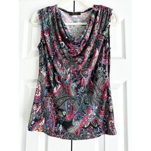 Jennie Marlis Shirt Size S Fuchsia Teal Paisley Cowl Neck Sleeveless Blouse